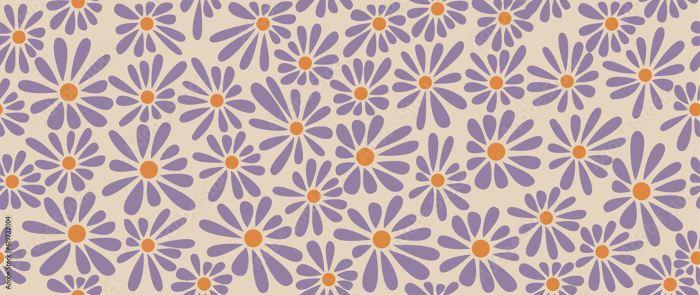 Vector illustration. Seamless floral pattern. Light background and purple daisies. Cute floral print. Perfect for wallpaper, cover, screen saver and textile design.