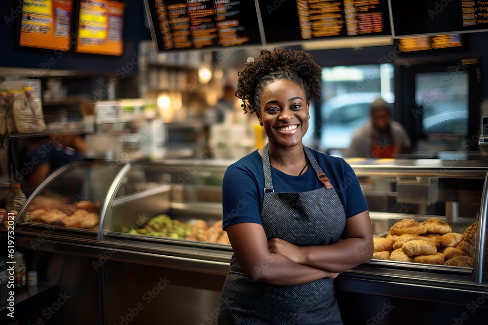 Dynamic and Vibrant Small Business Female Owner at Modern Fast Food Counter. Generative AI.