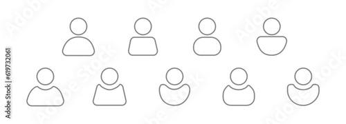 Vector flat illustration in grayscale. Nine icons in outline. User profile, person icon, gender neutral silhouette. Suitable for social media profiles, icons, screensavers and as a template.