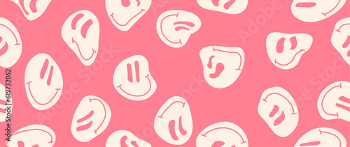 Vector illustration. Funny smiling happy face. Cartoon style. Seamless pattern. Smiley on a pink background. Fashion character doodle wallpaper. Suitable for wallpaper, cover and textile design.