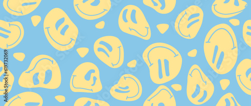 Vector illustration. Funny smiling happy face. Cartoon style. Seamless pattern. Smiley on a blue background. Fashion character doodle wallpaper. Suitable for wallpaper, cover and textile design.