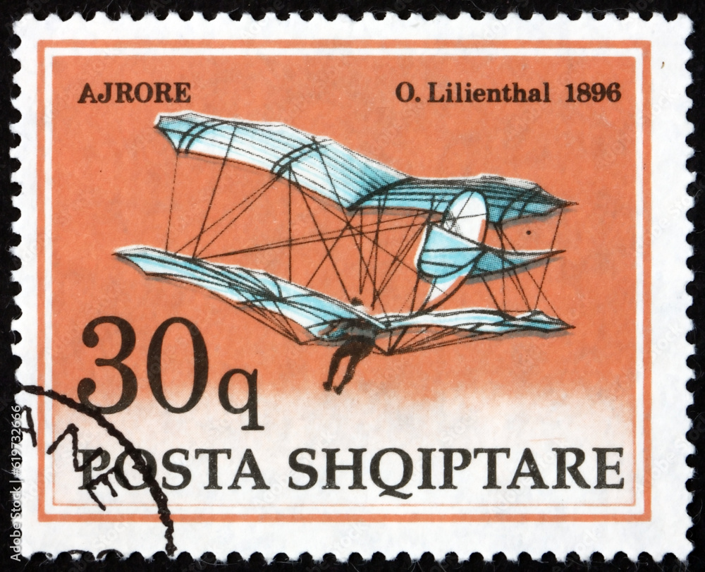 Postage stamp Albania 1992 glider, by Otto Lilienthal, was a German pioneer of aviation, father of aviation