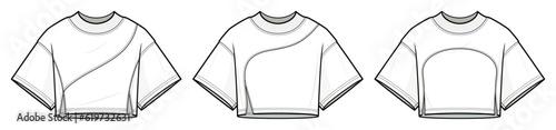 Streetwear Hip Hop Basic Tee collection technical fashion illustration. Oversized cropped Tee template vector illustration. front and back view. white. women. CAD mock-up.	