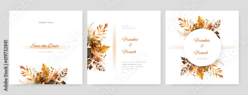 Card invitation with flower rose, leaves and geometrical frame. hand drawn floral wedding invitation card