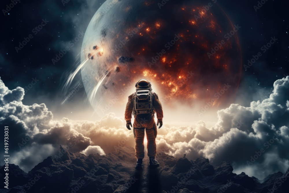 Astronaut exploring other worlds in outer space Astronaut exploring other worlds in outer space