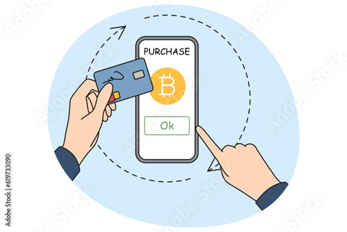 Hands of person using cellphone buying bitcoin online with credit card. Trader or investor purchase virtual money on smartphone. Crypto and investment. Vector illustration.