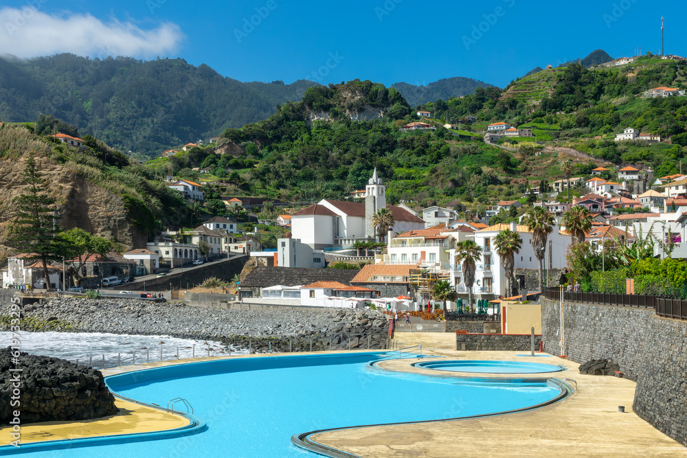 Seawater coastal pool in the village of Porto da Cruz, Madeira island, Portugal
