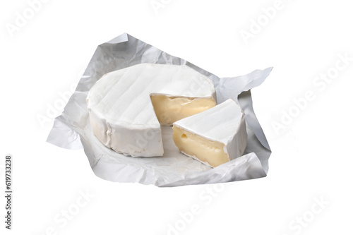 Camembert cheese on paper on transparent background