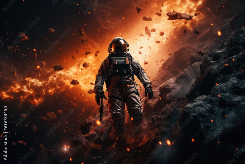 Astronaut exploring other worlds in outer space Astronaut exploring other worlds in outer space