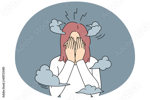 Unhappy woman covering face with hands feeling dizzy and anxious suffer from mental problems. Upset girl struggle with burnout or depression. Healthcare. Vector illustration.