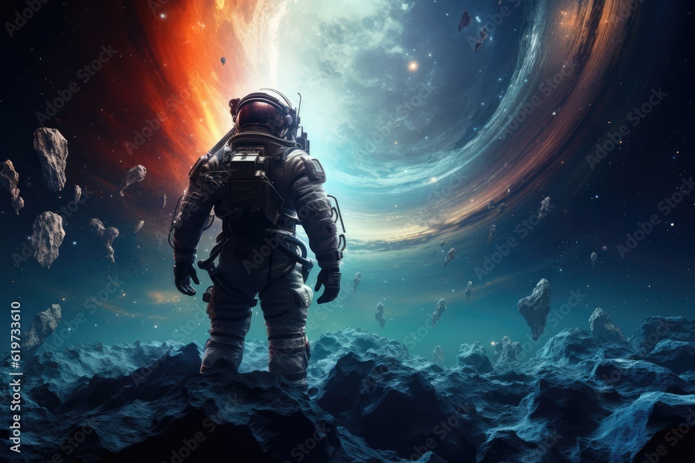Astronaut exploring other worlds in outer space Astronaut exploring other worlds in outer space