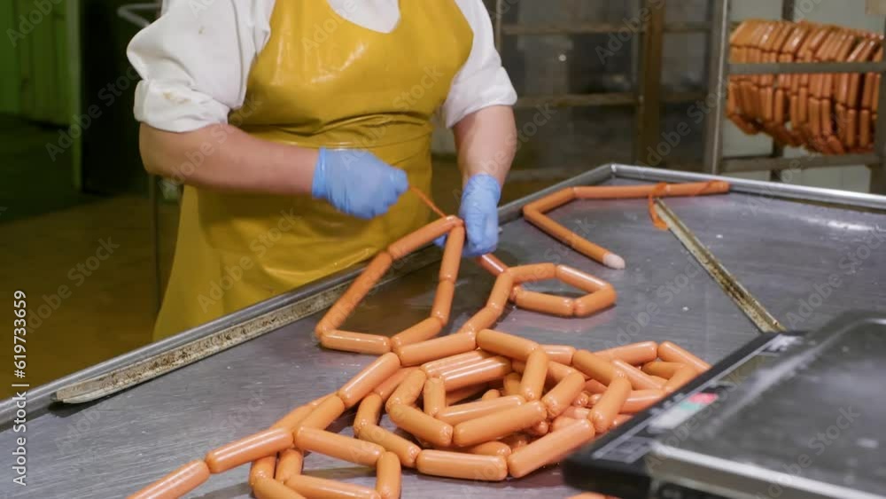 Vidéo Stock Butcher woman processing sausages tying knots at meat factory on conveyor line