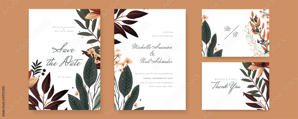Watercolor wedding invitayion. Set of card with leaves and golden geometric frame. Design with forest green leaves, eucalyptus, fern. Floral Trendy templates for banner, flyer, poster, greeting.
