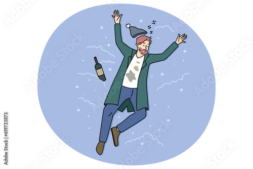 Homeless man sleeping on street on snow next to bottle. Drunk male doze off outdoors struggle with alcoholic addiction. Alcoholism and drunkenness. Flat vector illustration.