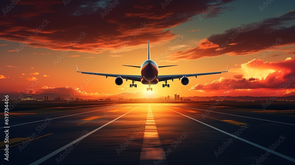 Airplane taking off from the airport, front view with generative ai Airplane taking off from the airport, front view with generative ai