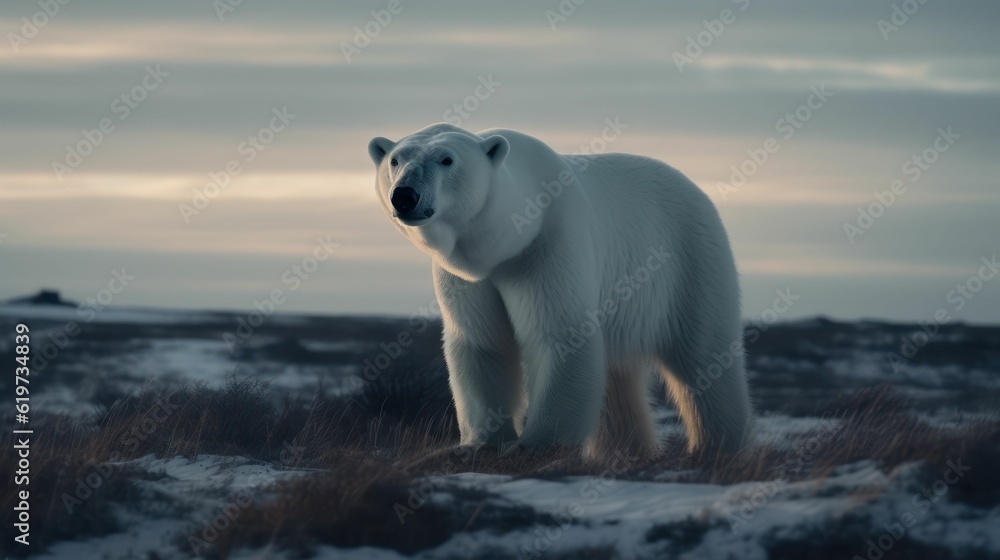 AI generated illustration of a majestic polar bear in the crisp winter air, gazing over its shoulder AI generated illustration of a majestic polar bear in the crisp winter air, gazing over its shoulder