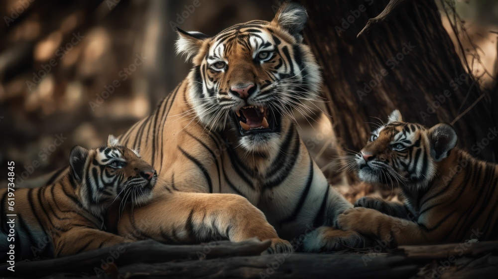 AI generated illustration of tiger and cubs huddled together in familial solidarity