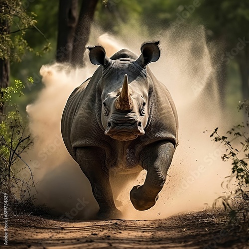 AI-generated illustration of a rhinoceros running along a dirt path with a dust cloud behind it.