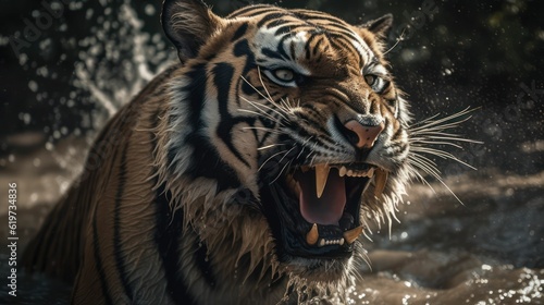 AI generated illustration of a majestic Bengal tiger stands in a shallow pool of water