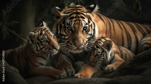 AI generated illustration of tiger and cubs huddled together in familial solidarity © Destece/Wirestock Creators