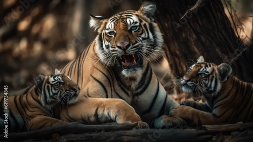 AI generated illustration of tiger and cubs huddled together in familial solidarity