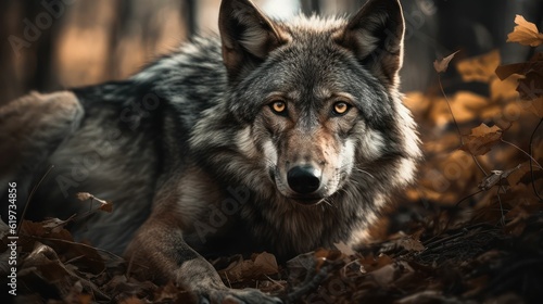 AI generated illustration of a gray wolf on fallen leaves in a forest setting
