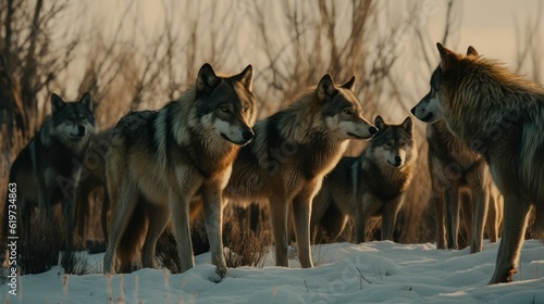 AI generated illustration of a pack of wolves in a snowy landscape surrounded by trees