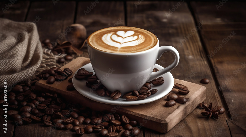AI generated illustration of a cup of cappuccino with coffee beans on a wooden surface AI generated illustration of a cup of cappuccino with coffee beans on a wooden surface