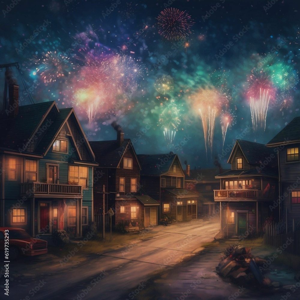 AI generated illustration of a picturesque small town illuminated by a vibrant fireworks