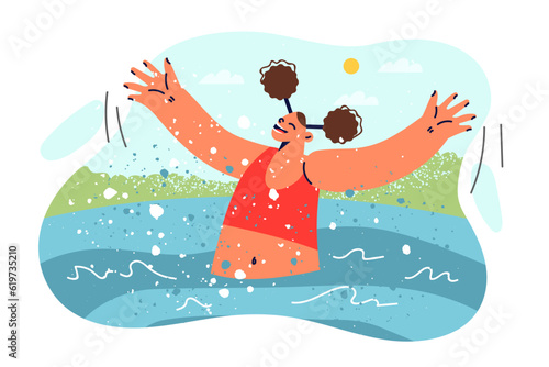 Teenage girl swims in pool in hot weather spending summer holidays in aqua park or tourist resort