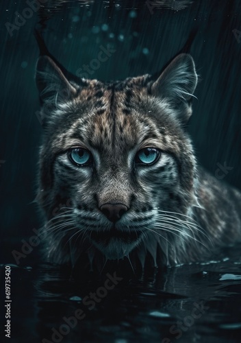 AI generated illustration of a Bobcat in the lake looking directly at the viewer with blue eyes