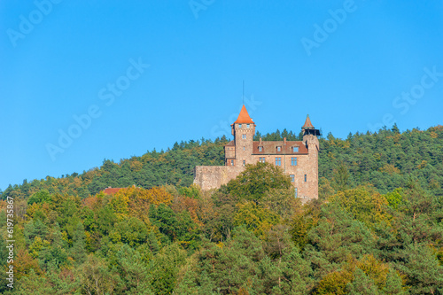Landschaft mit Blick zur Burg Berwartstein bei Erlenbach. Region Pfalz im Bundesland Rheinland-Pfalz in Deutschland