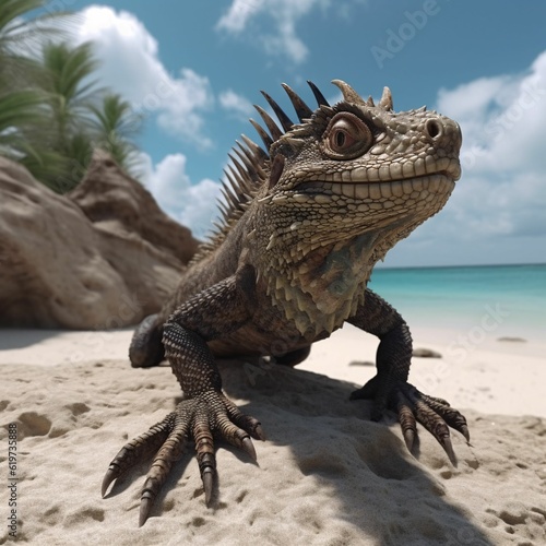 AI generated illustration of a lizard on a sandy beach at the ocean