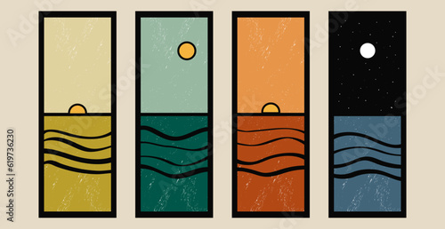 Vector posters. Illustrations of day and night with the sun and moon on a light background. Suitable for home decor.