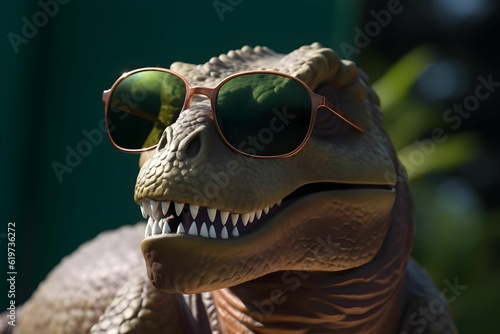 AI generated illustration of a playful toy dinosaur wearing a pair of sunglasses