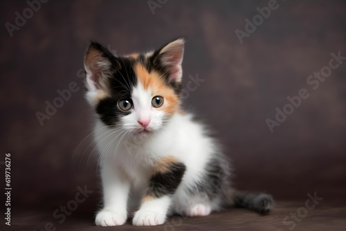 AI generated illustration of adorable kitten on the background of brown wall
