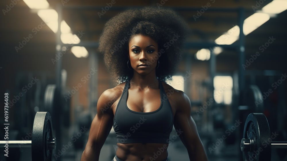 Black woman, back with weightlifting and fitness, barbell in gym and ...