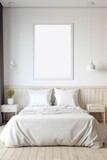AI generated illustration of a minimalistic white bedroom features a blank wall poster