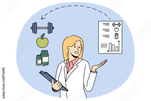 Female nutritionist recommend healthy eating and doing sports for good health and shape. Smiling woman dietician create diet plan for client. Weight loss and wellness. Vector illustration.