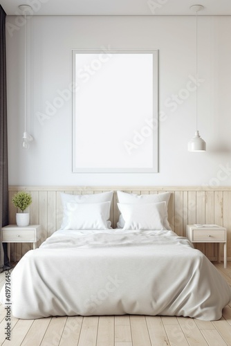 AI generated illustration of a minimalistic white bedroom features a blank wall poster