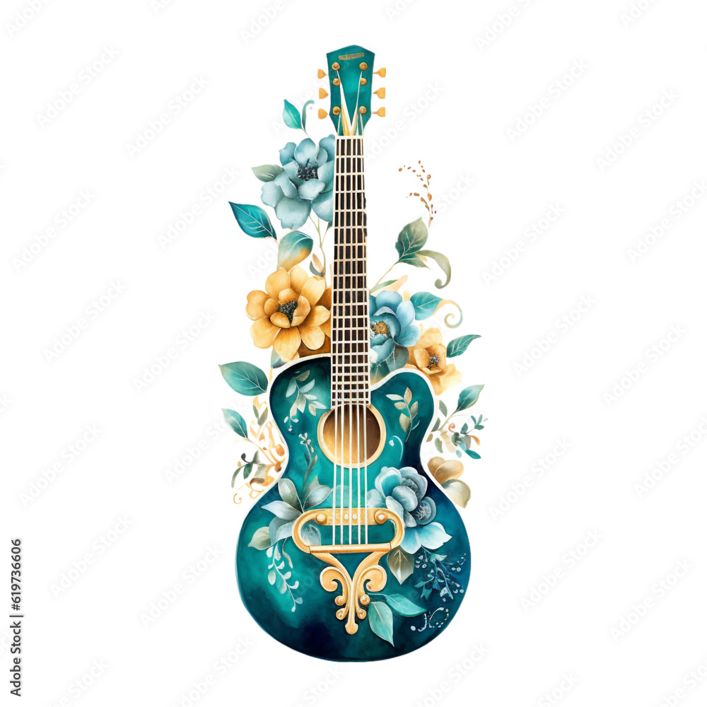 Guitar with Flowers Watercolor Clip Art, Watercolor Illustration, Flowers Sublimation Design, Flowers Clip Art.