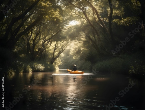 AI generated illustration of a person in a yellow canoe leisurely sailing down a tranquil river