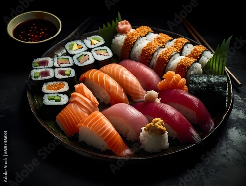 AI-generated illustration of a colorful sushi platter with an array of sushi rolls.