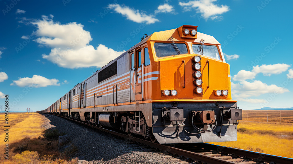 Blue Sky Cargo: Freight Train Locomotive Transporting Goods on a Sunny Day