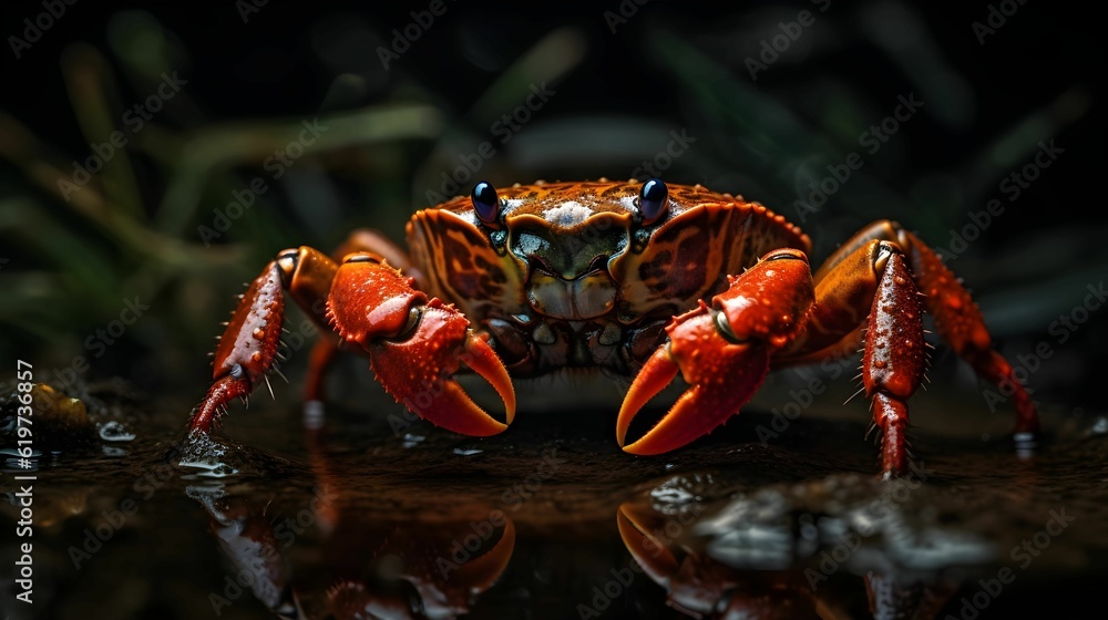 AI-generated illustration of a beautiful red crab on a wet reflective surface. AI-generated illustration of a beautiful red crab on a wet reflective surface.