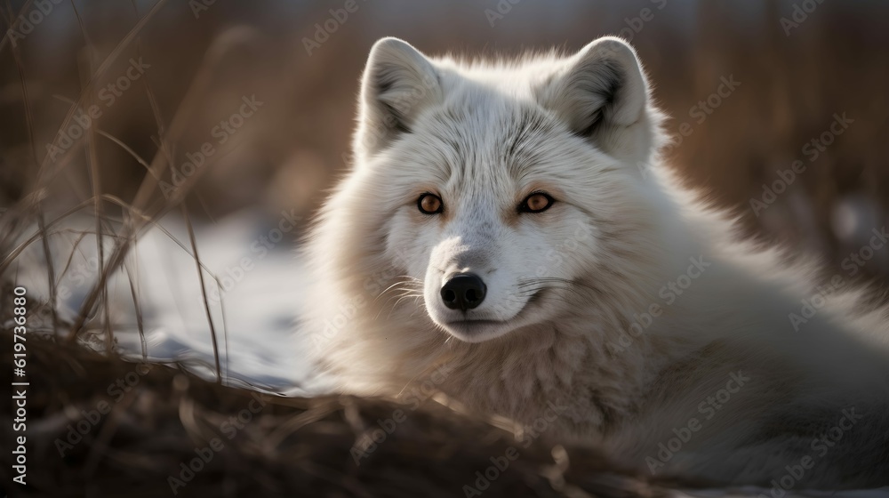 Obraz premium Arctic fox in the tundra, white, national geographic style, horizontal format 16:9 illustration