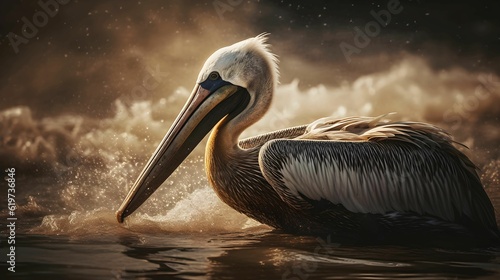 AI-generated illustration of a brown pelican in tranquil water illuminated by a soft light.