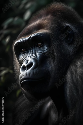 Portrait of a gorilla in the jungle, national geographic photography style, vertical format 2:3