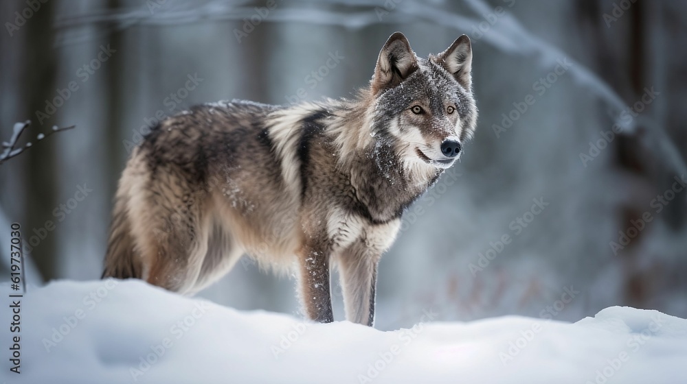 AI generated illustration of a gray wolf in a snowy forest in the daylight