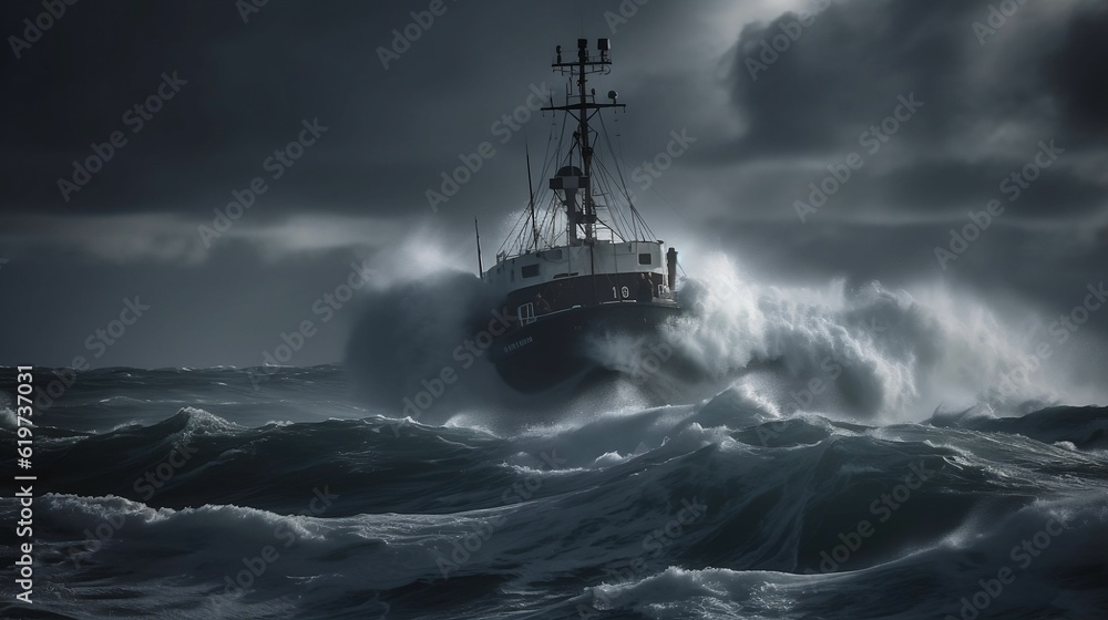 AI generated illustration of a majestic sailing vessel out at sea on a stormy day